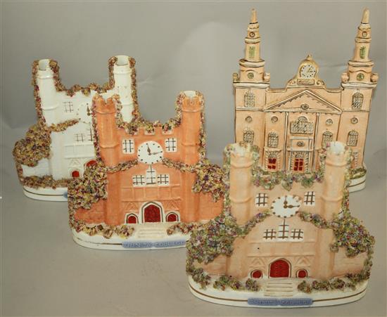 Three Staffordshire porcelaneous models of Trinity College, Dublin and another of a Wren style building, 17 - 26cm